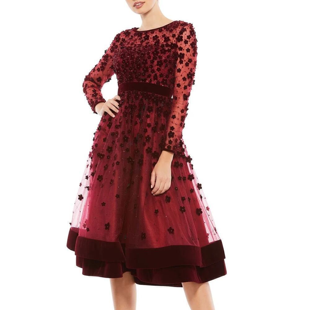 Mac Duggal Embellished Illusion Dress Fit & Flare Long Sleeve Burgundy Red NWT 4
